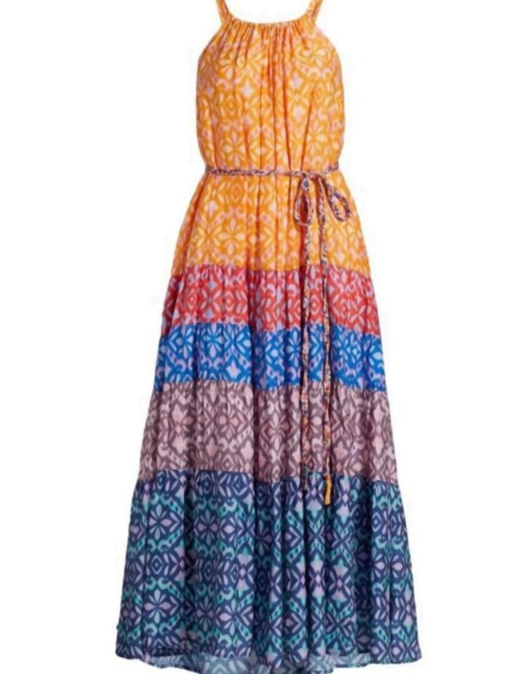 XIRENA Orange Multi-Stripe Halter Tiered Maxi Dress Size XS